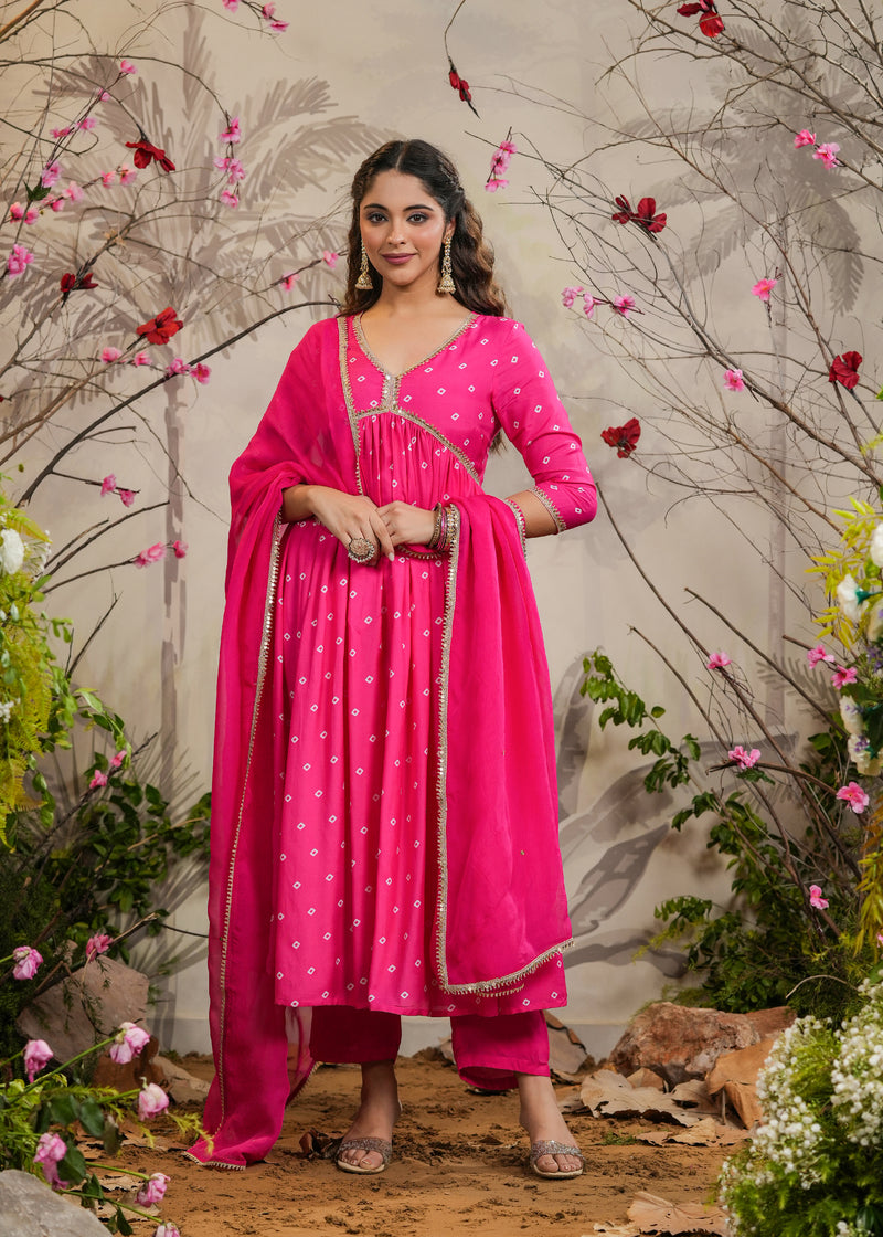 Neet Pink Bandhej Alia Cut Kurti With Pant & Dupatta – EverBloom