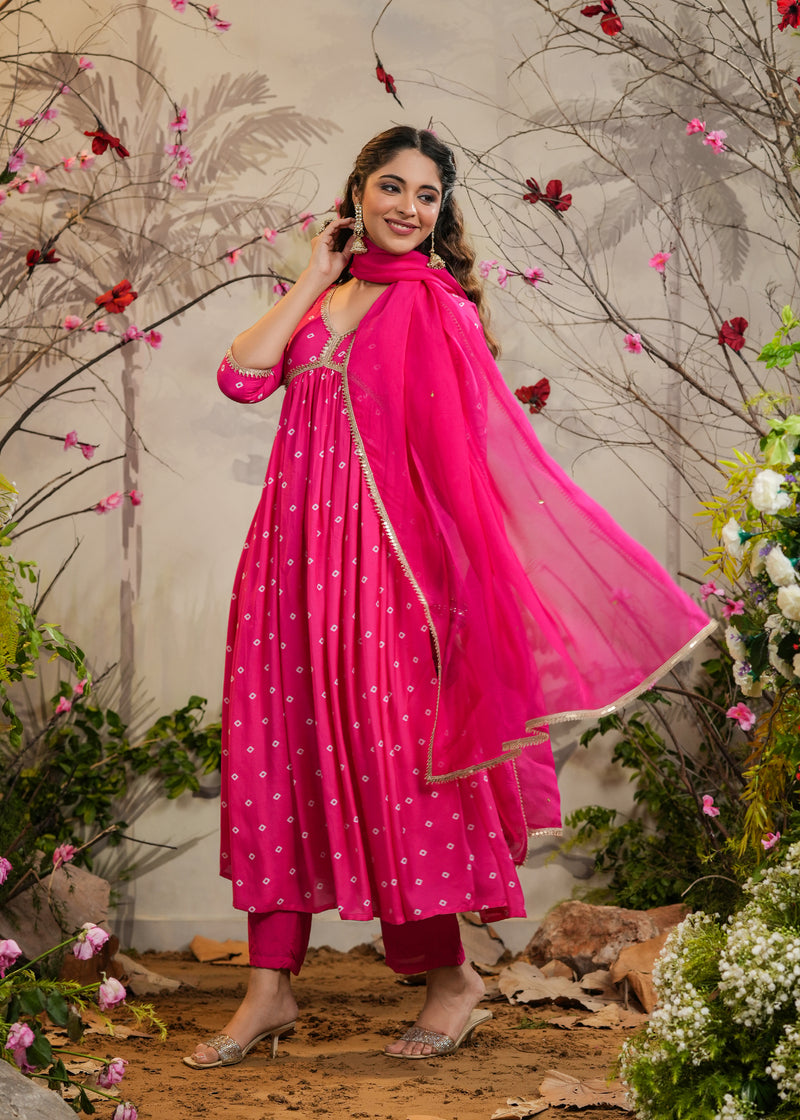 Neet Pink Bandhej Alia Cut Kurti With Pant & Dupatta