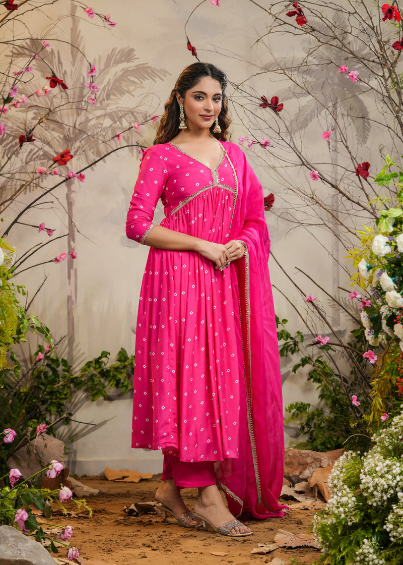 Neet Pink Bandhej Alia Cut Kurti With Pant & Dupatta