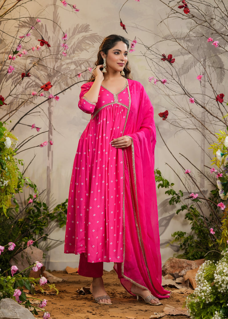 Neet Pink Bandhej Alia Cut Kurti With Pant & Dupatta