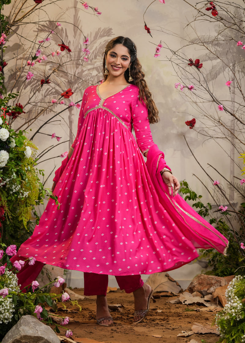 Neet Pink Bandhej Alia Cut Kurti With Pant & Dupatta