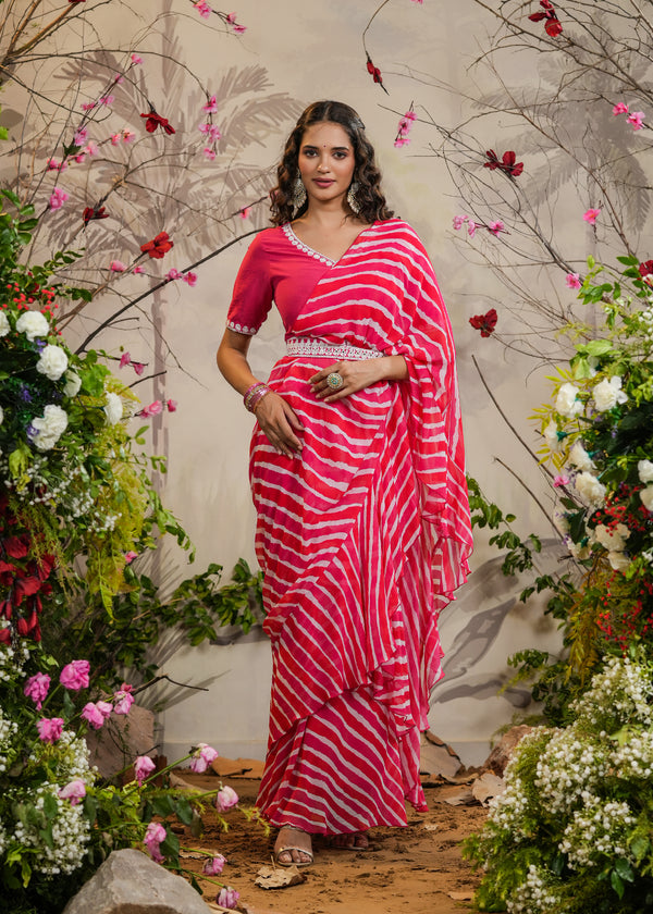 Swara Pink Lehariya pre-Draped Saree With Belt