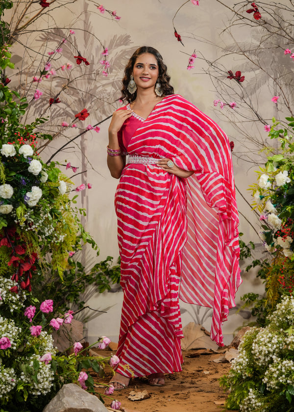 Swara Pink Lehariya pre-Draped Saree With Belt