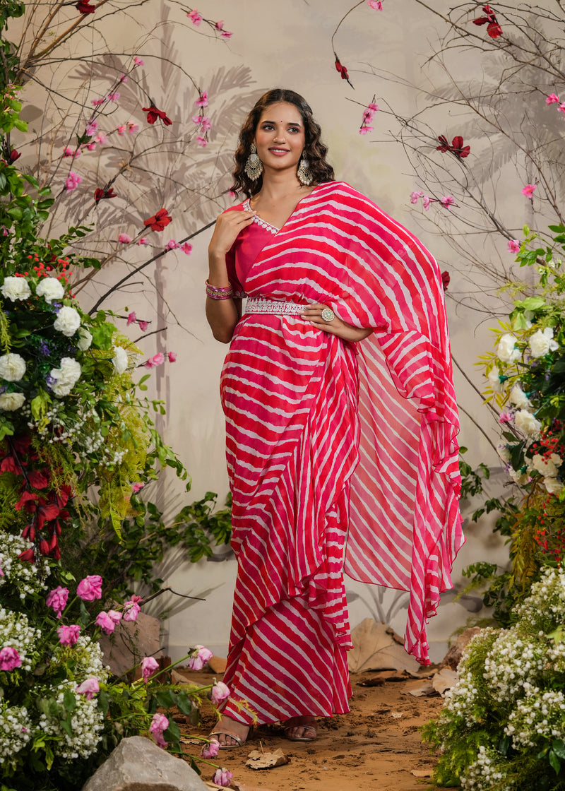 Swara Pink Lehariya pre-Draped Saree With Belt