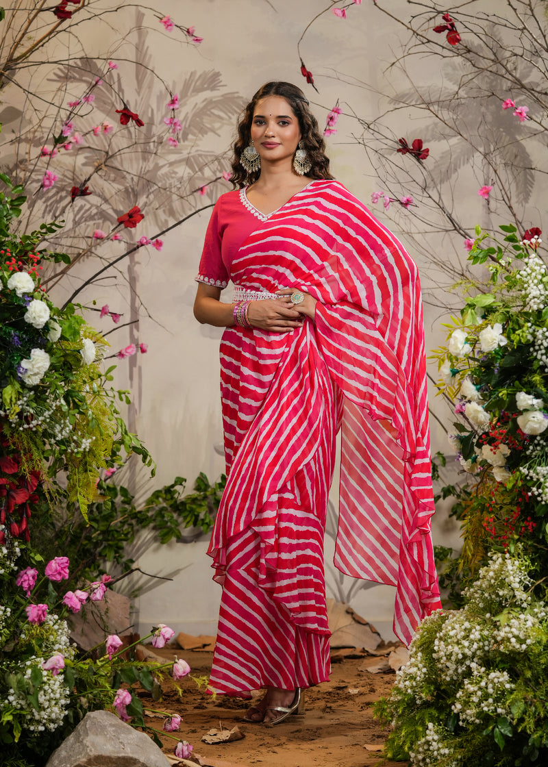 Swara Pink Lehariya pre-Draped Saree With Belt