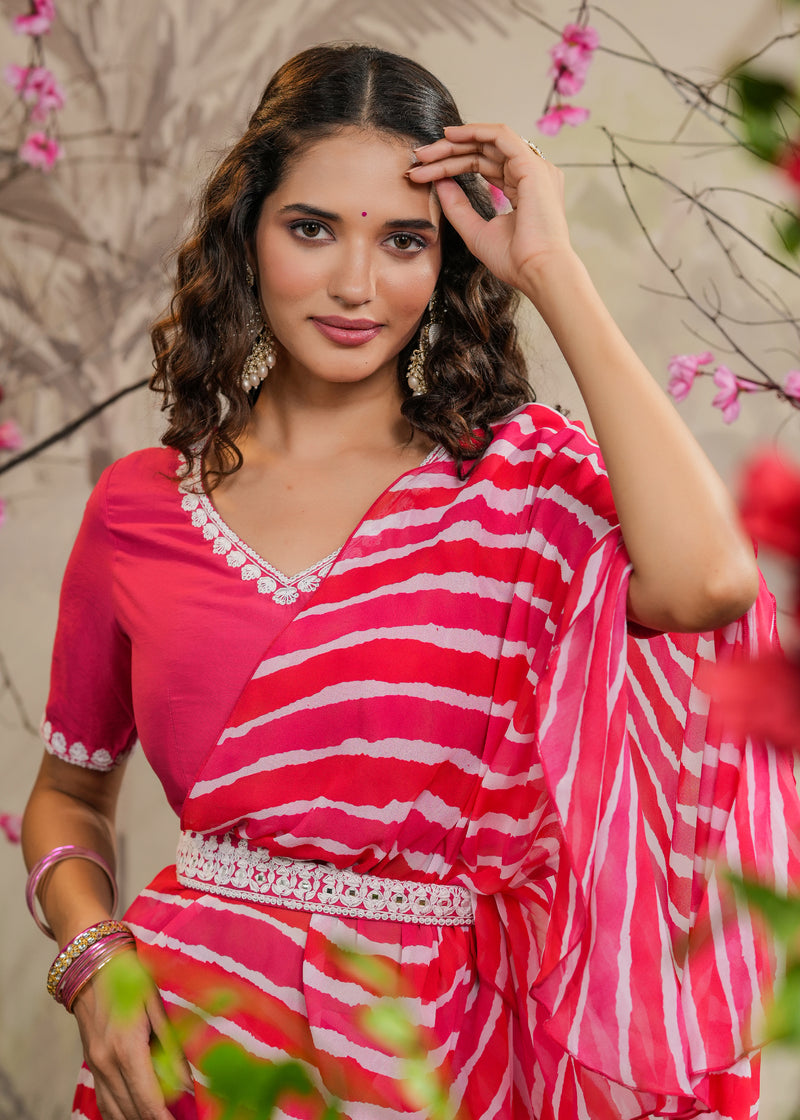 Swara Pink Lehariya pre-Draped Saree With Belt