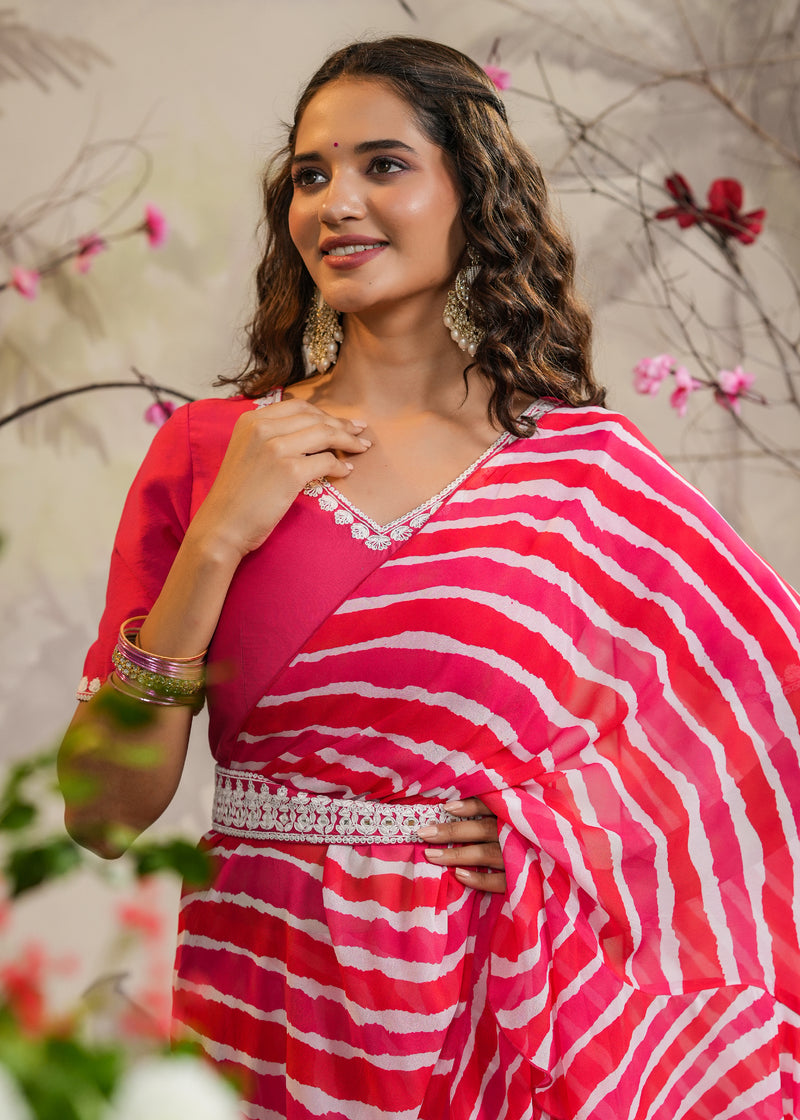 Swara Pink Lehariya pre-Draped Saree With Belt