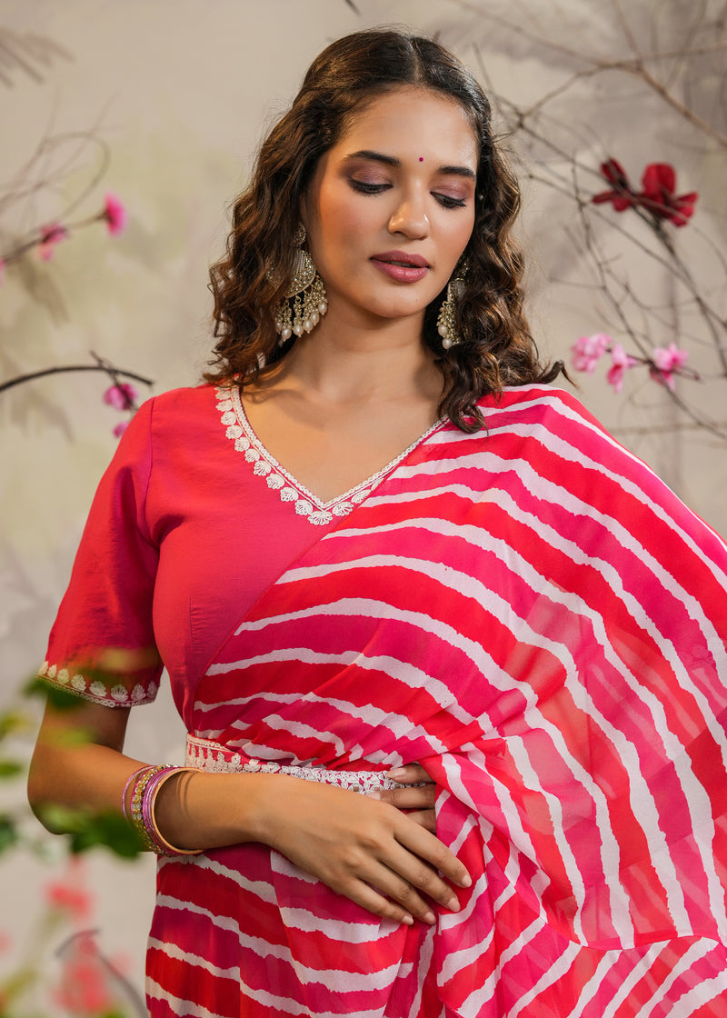 Swara Pink Lehariya pre-Draped Saree With Belt