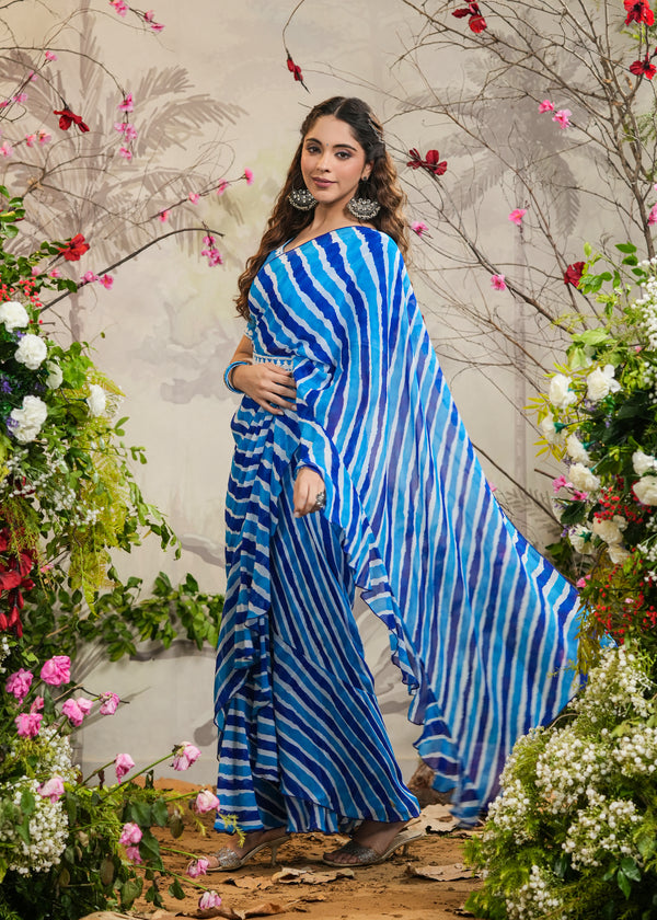 Dia Blue Lehariya pre-Draped Saree With Belt