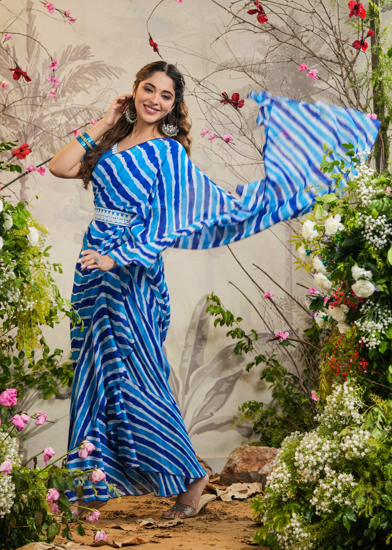 Dia Blue Lehariya pre-Draped Saree With Belt