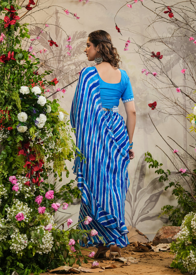 Dia Blue Lehariya pre-Draped Saree With Belt