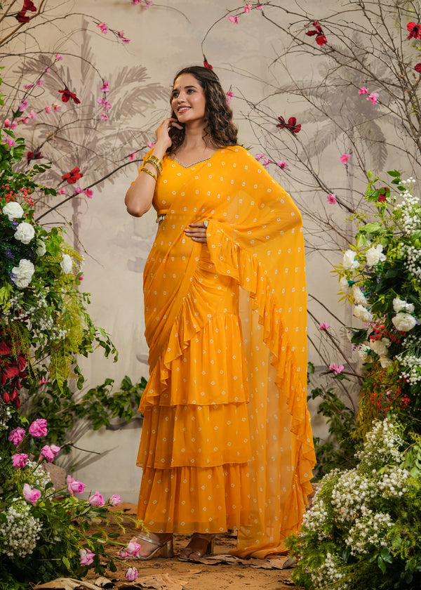 Chandni Yellow Bandhej pre-Draped Saree