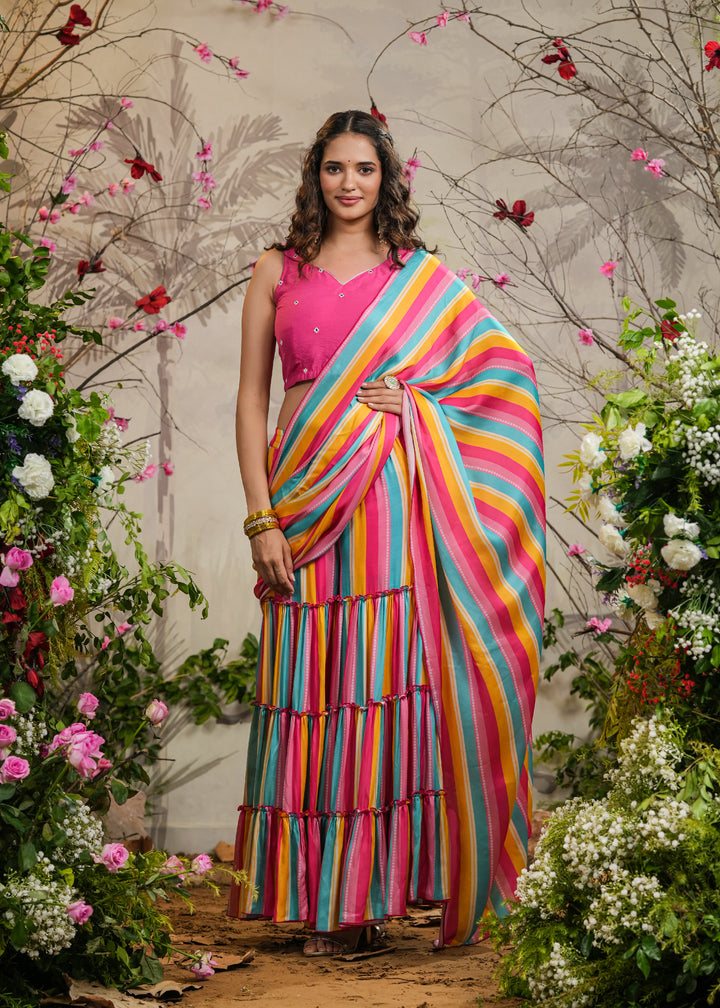 Roze Strips Pink Sharara Pre-Draped Saree