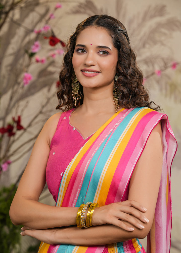 Roze Strips Pink Sharara Pre-Draped Saree
