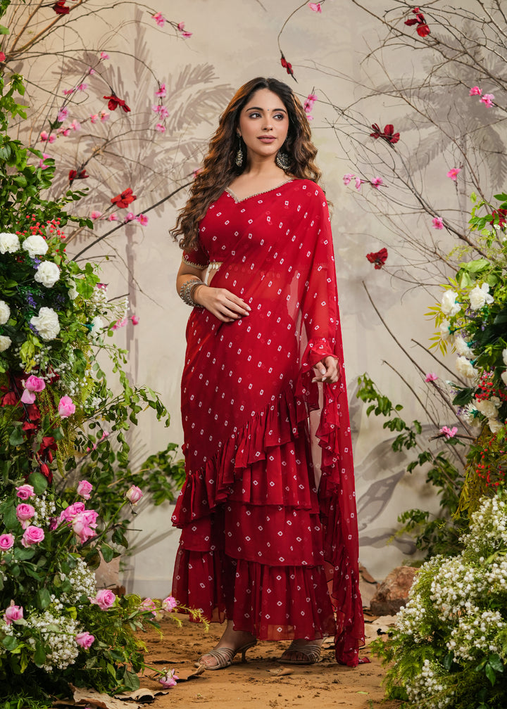 Palki Red Bandhej pre-Draped Saree