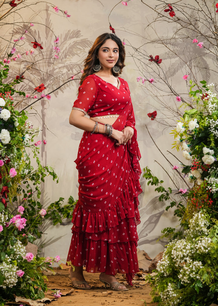 Palki Red Bandhej pre-Draped Saree