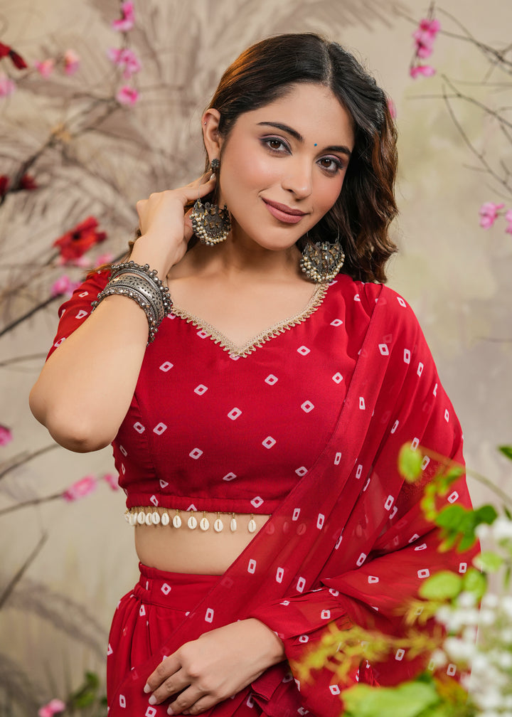 Palki Red Bandhej pre-Draped Saree