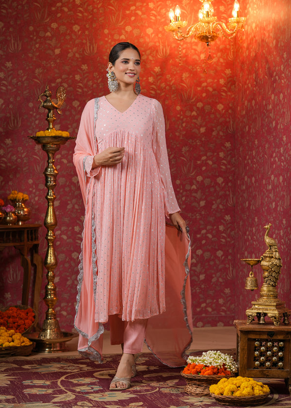 Krisha Peach Lurex Flared Kurta With Pant & Dupatta