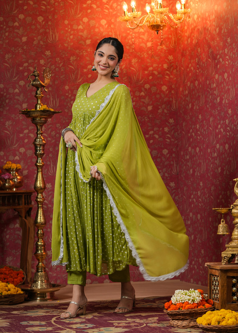 Hina Green Lurex Flared Kurta With Pant & Dupatta