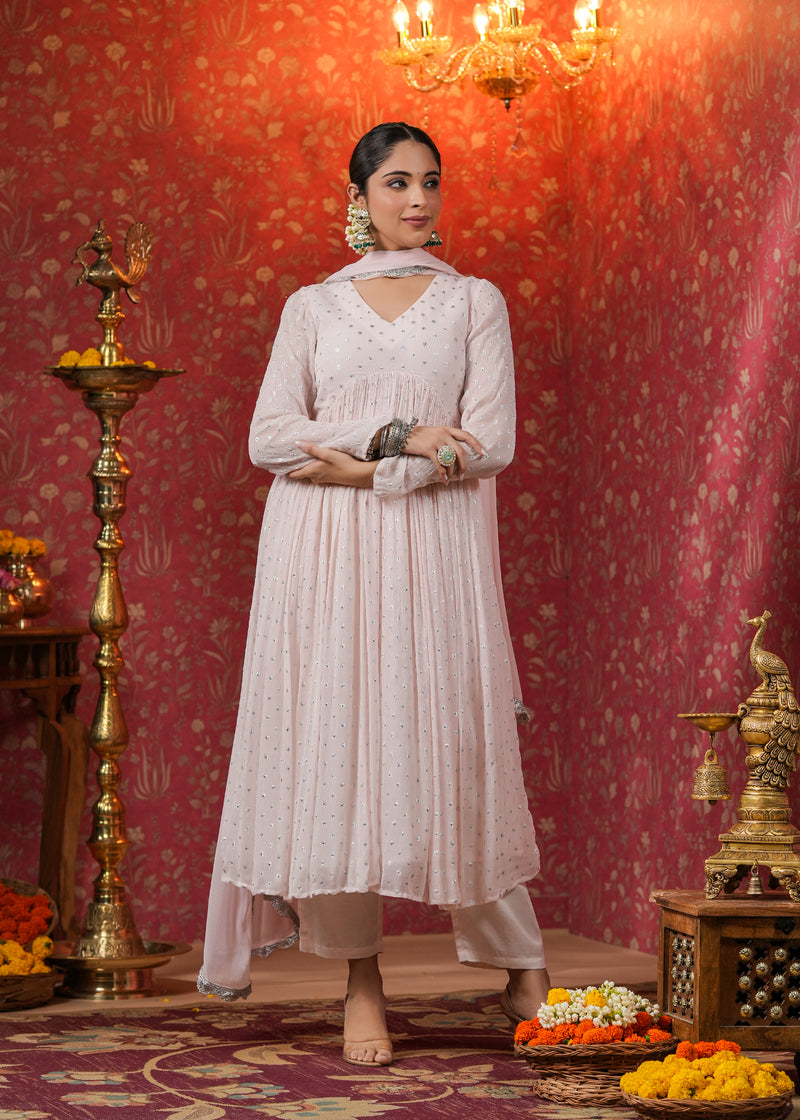 Rati Rose Gold Lurex Flared Kurta With Pant & Dupatta