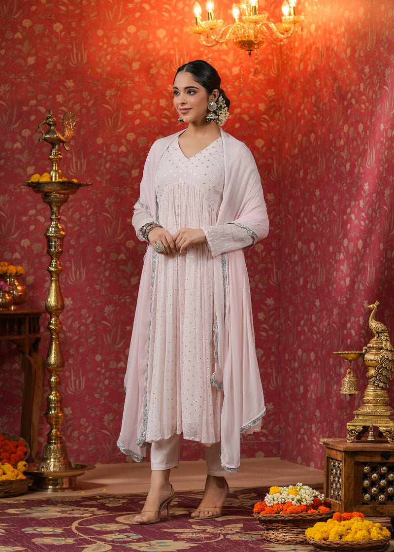 Rati Rose Gold Lurex Flared Kurta With Pant & Dupatta