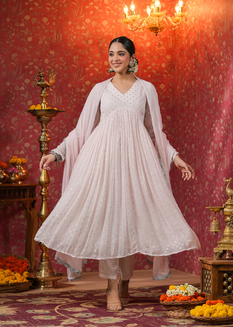 Rati Rose Gold Lurex Flared Kurta With Pant & Dupatta