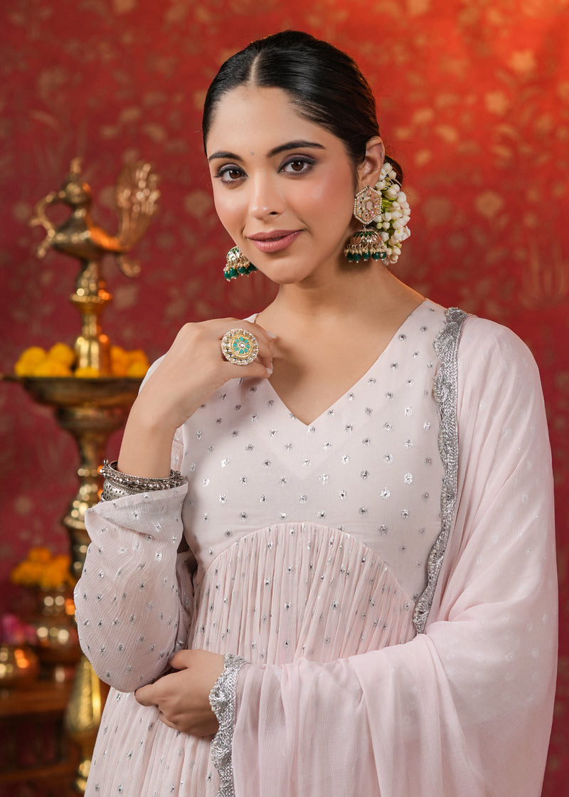 Rati Rose Gold Lurex Flared Kurta With Pant & Dupatta