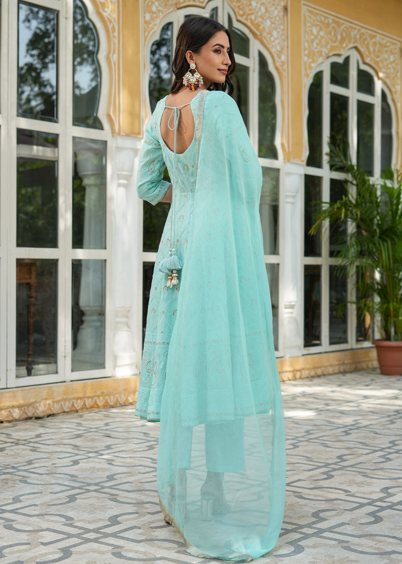 Dilnaaz Turquoise Chikankari Anarkali Suit set with Dupatta