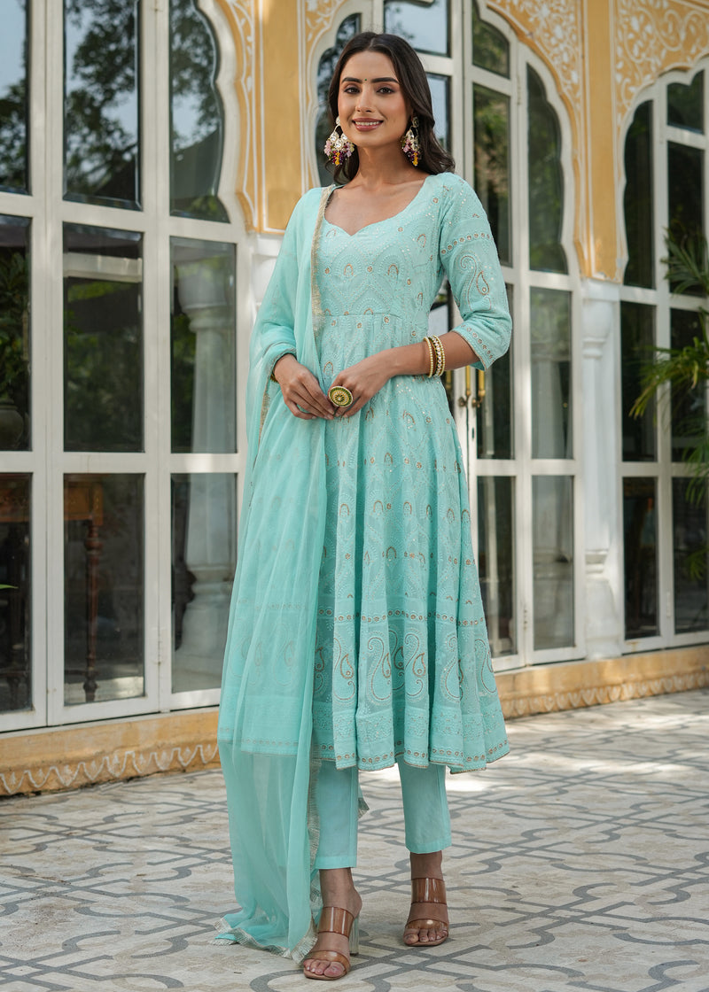 Dilnaaz Turquoise Chikankari Anarkali Suit set with Dupatta