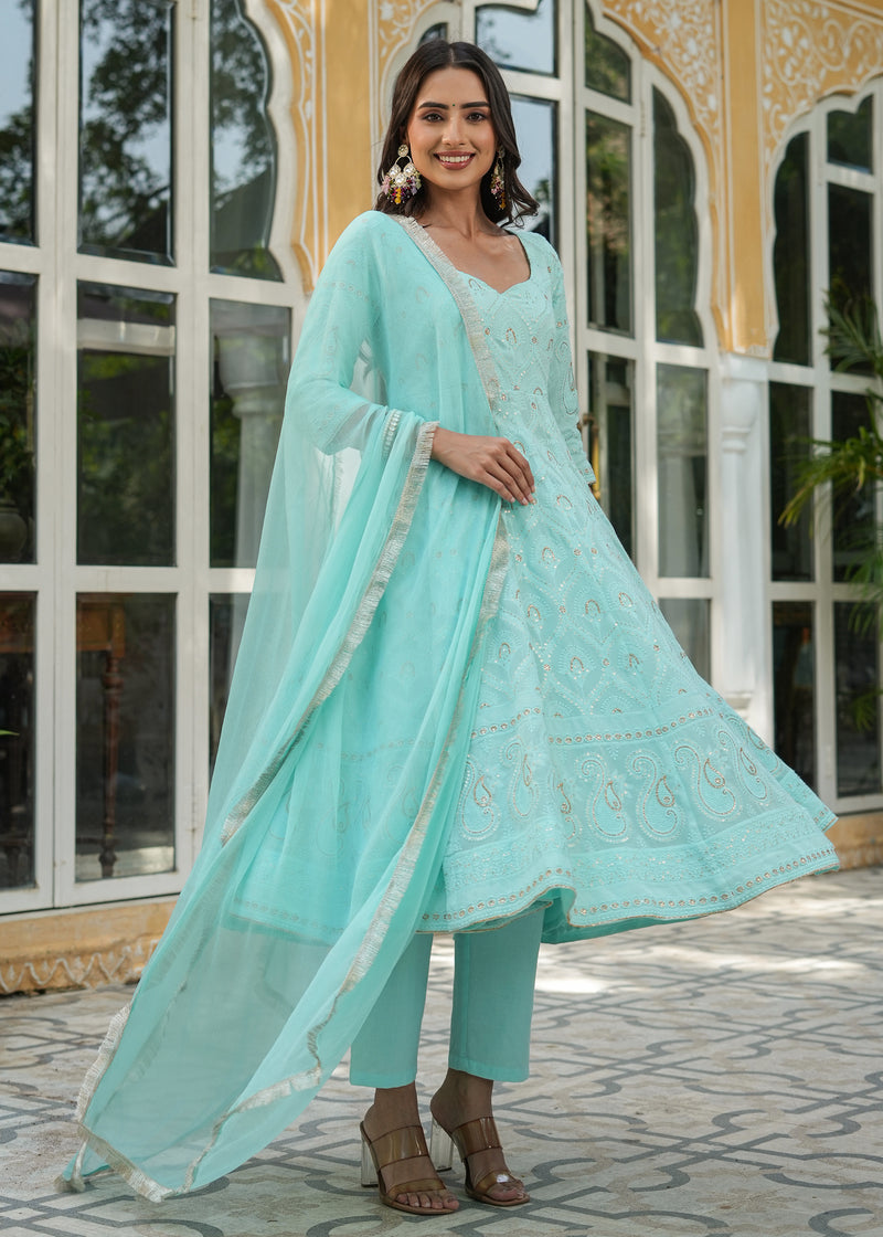 Dilnaaz Turquoise Chikankari Anarkali Suit set with Dupatta