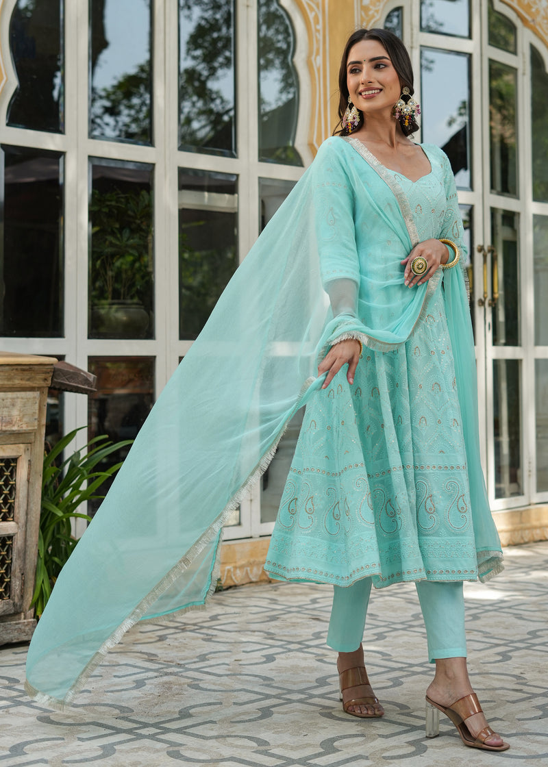 Dilnaaz Turquoise Chikankari Anarkali Suit set with Dupatta