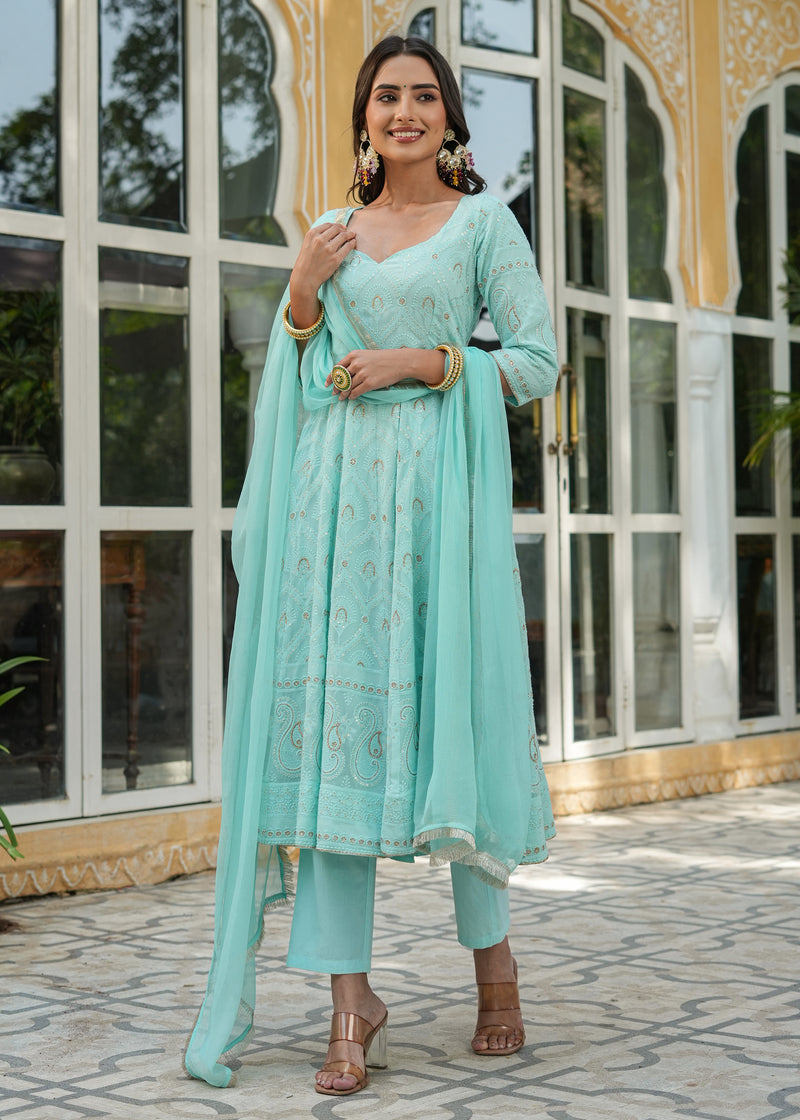 Dilnaaz Turquoise Chikankari Anarkali Suit set with Dupatta