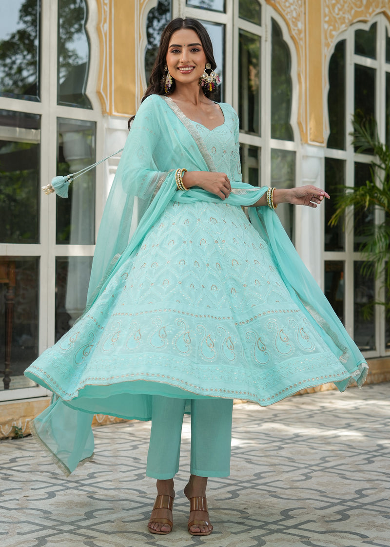 Dilnaaz Turquoise Chikankari Anarkali Suit set with Dupatta