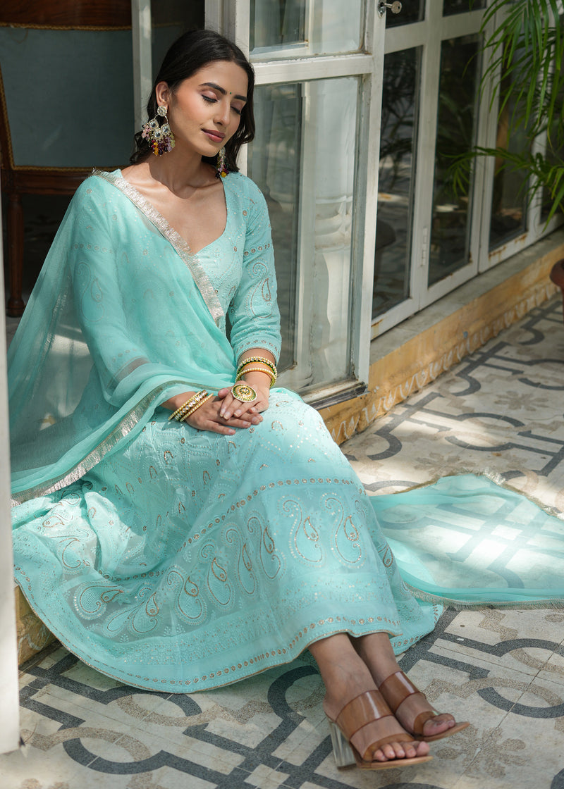 Dilnaaz Turquoise Chikankari Anarkali Suit set with Dupatta