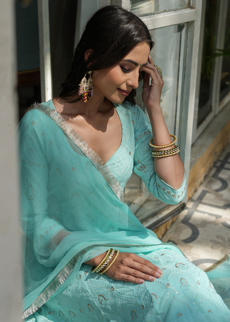 Dilnaaz Turquoise Chikankari Anarkali Suit set with Dupatta