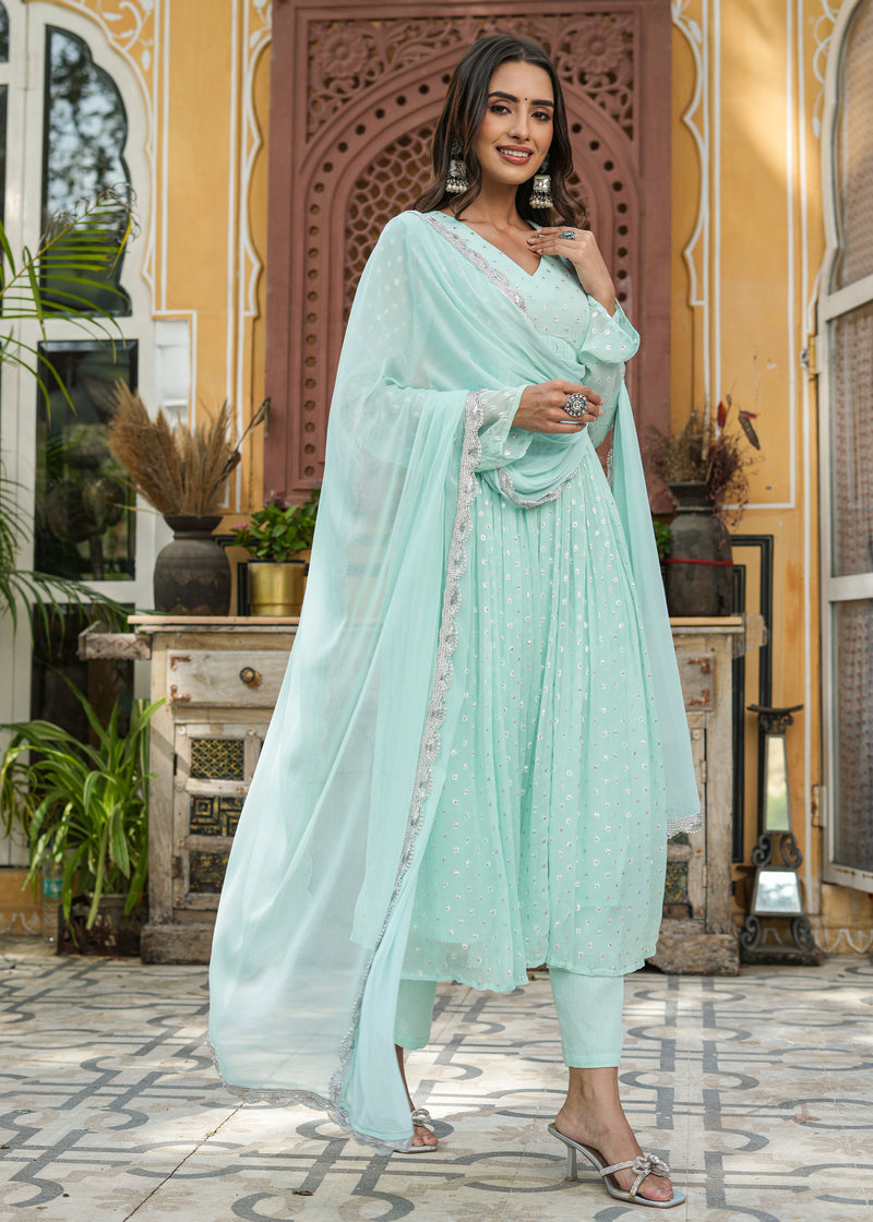 Arvi Sea Green Lurex Flared Kurta With Pant & Dupatta
