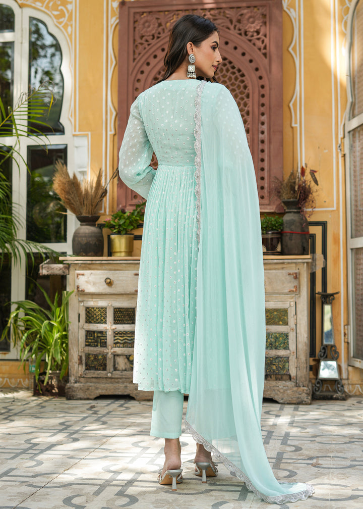 Arvi Sea Green Lurex Flared Kurta With Pant & Dupatta