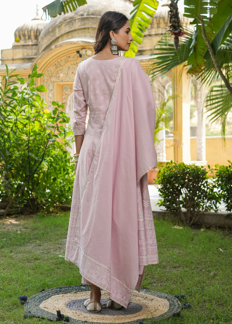 Snehal Rose Gold Printed Anarkali Suit set with Dupatta