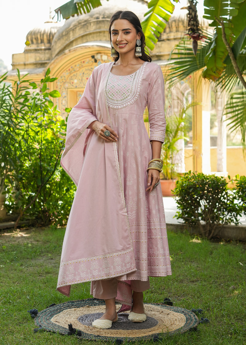 Snehal Rose Gold Printed Anarkali Suit set with Dupatta