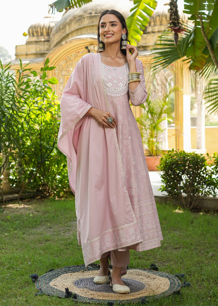 Snehal Rose Gold Printed Anarkali Suit set with Dupatta
