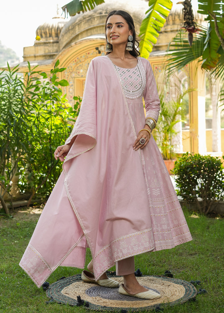 Snehal Rose Gold Printed Anarkali Suit set with Dupatta