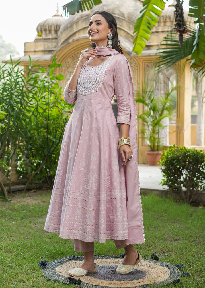 Snehal Rose Gold Printed Anarkali Suit set with Dupatta