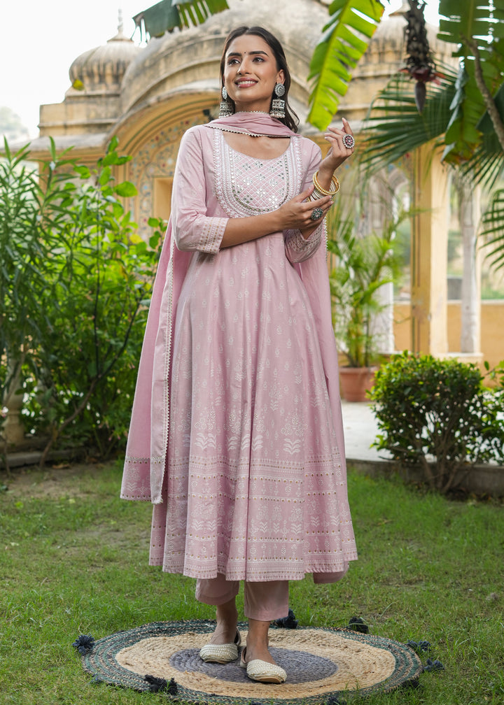Snehal Rose Gold Printed Anarkali Suit set with Dupatta
