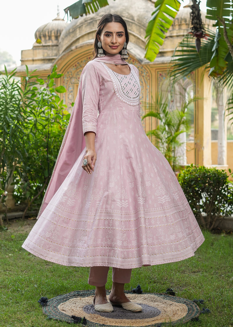 Snehal Rose Gold Printed Anarkali Suit set with Dupatta