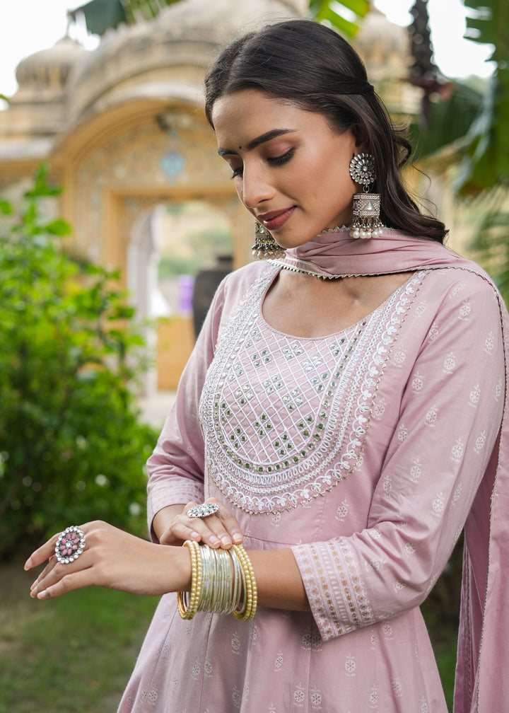 Snehal Rose Gold Printed Anarkali Suit set with Dupatta