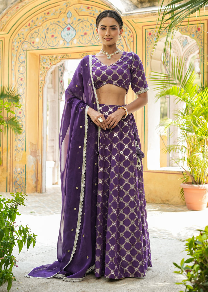 Ishya Purple Organza Jacquard Lehenga set