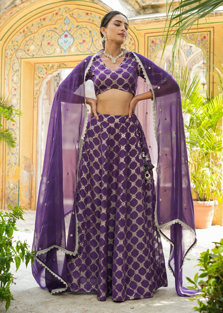 Ishya Purple Organza Jacquard Lehenga set