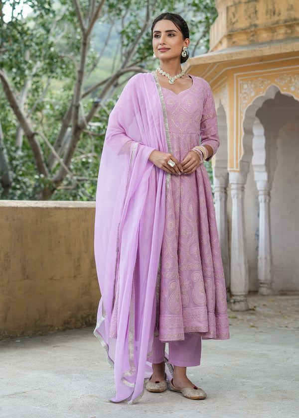 Asmee Lavender Chikankari Anarkali Suit set with Dupatta