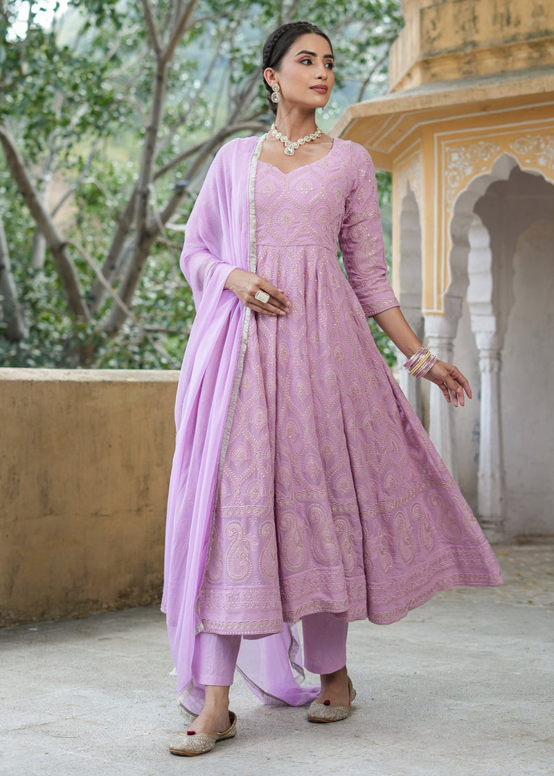 Dark Peach Chikan Anarkali Dress - Absolutely Desi