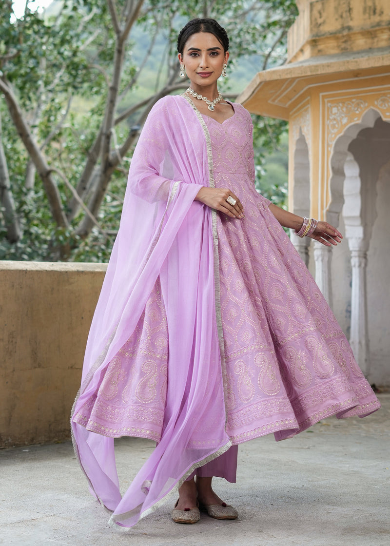 Asmee Lavender Chikankari Anarkali Suit set with Dupatta